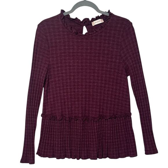 Altar'd State Tunic Blouse Size L Maroon Peplum Hem Checkered Knit Boho Top A&M - Picture 1 of 11